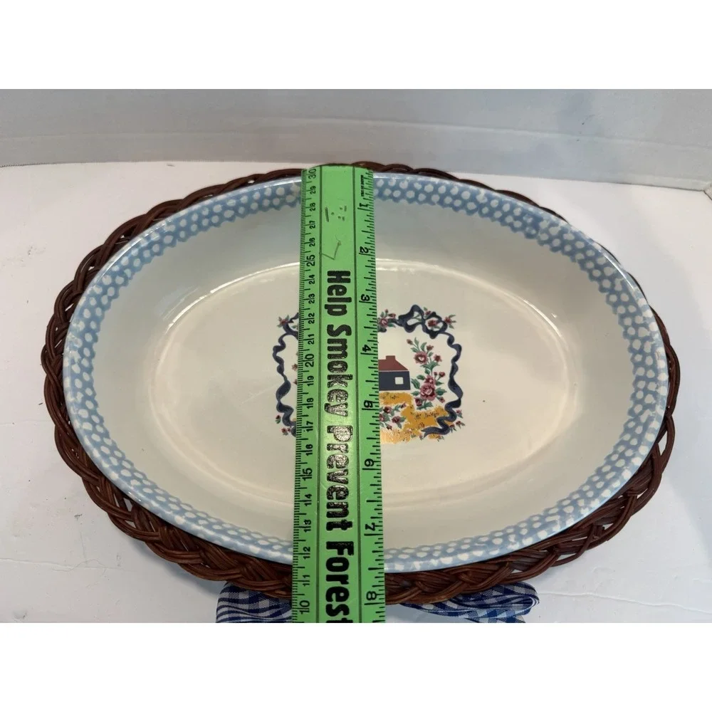VTG Teamson 1995 Stoneware Oval Casserole Dishes with Farmhouse Wicker Basket